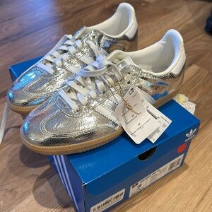Adidas Silver and white Samba’s.  Size 7.  New with tags.